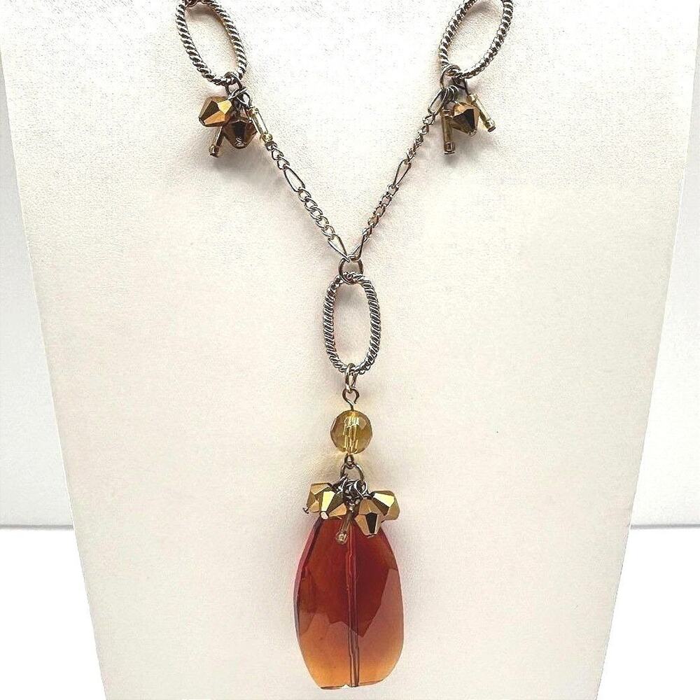 Vintage 90s Amber Citrine Glass Pendant Necklace Gold Tone Beaded Boho Statement